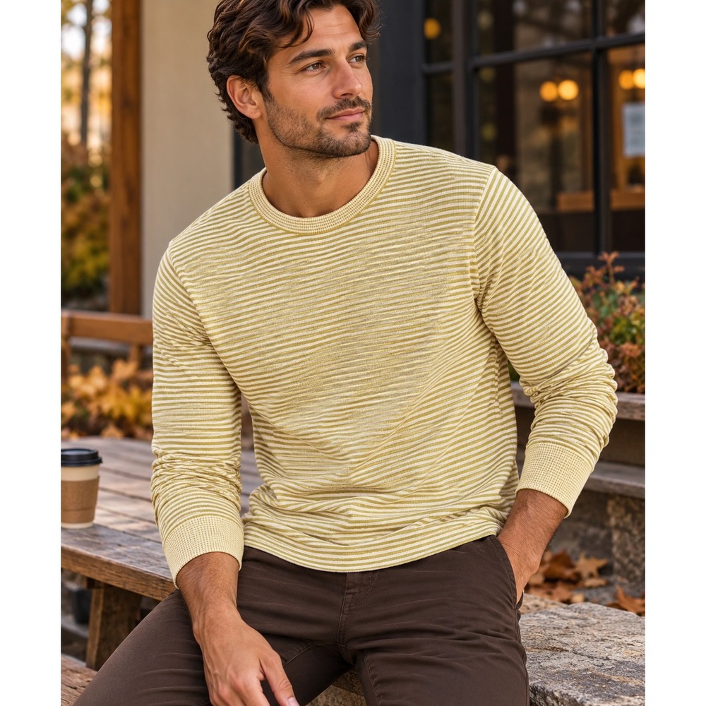 NEW J. Crew Knit Cotton Split-Hem Sweater Stripe Golden Brown & Cream Men's XL